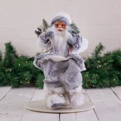 40cm Grey Sitting Santa Decoration With Tree