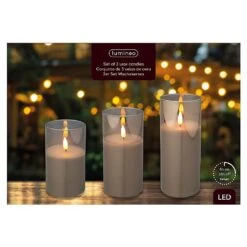 Lumineo Set Of 3 Small Smoked Grey Glass LED Flicker Wax Candles