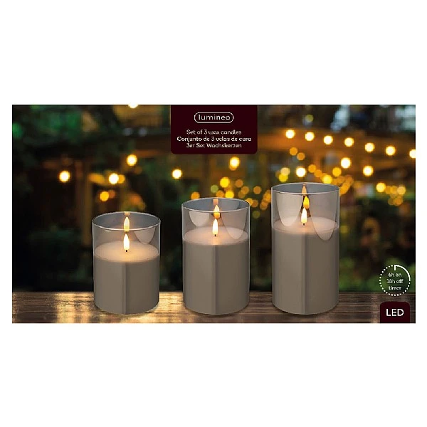 Lumineo Set Of 3 Large Smoked Grey Glass LED Flicker Wax Candles 3 Lumineo Set Of 3 Large Smoked Grey Glass LED Flicker Wax Candles