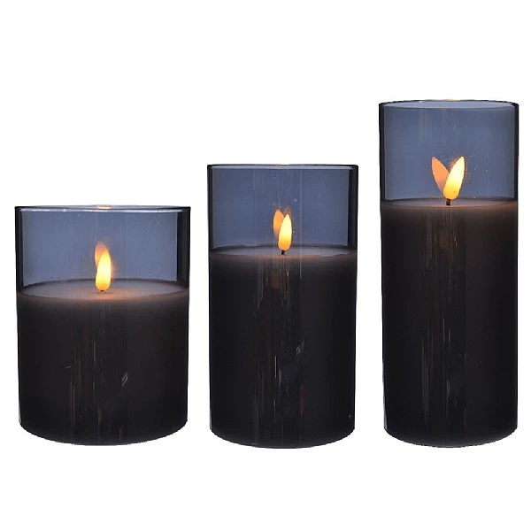 Lumineo Set Of 3 Large Smoked Grey Glass LED Flicker Wax Candles 4 Lumineo Set Of 3 Large Smoked Grey Glass LED Flicker Wax Candles - Image 2
