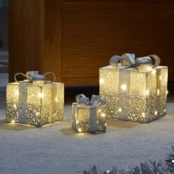 Three Kings Set Of 3 Silver Sparkly Faux Gift Boxes (Battery Operated)