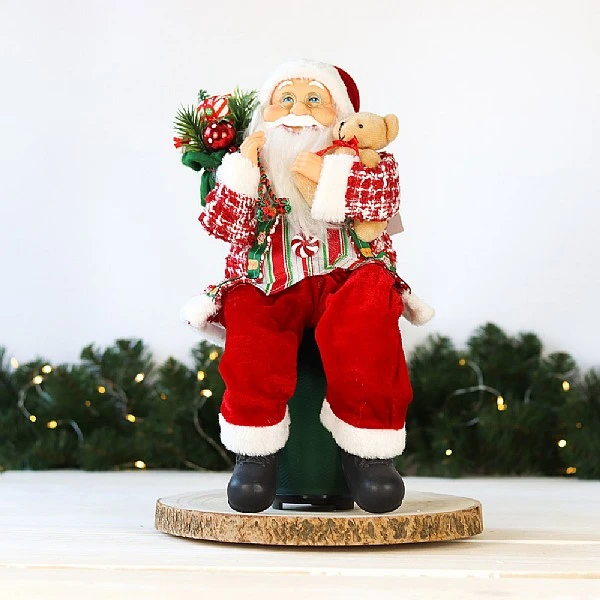 42cm Sitting Santa With Bear (Red Checkered Coat) 3 42cm Sitting Santa With Bear (Red Checkered Coat)