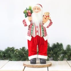 42cm Standing Santa With Bear (Red Checkered Coat)