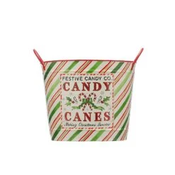 Festive 29cm Red Green & White Candy Cane Metal Bucket
