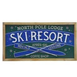 Festive Wooden Blue & Green Ski Resort Sign 63cm