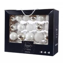 Decoris Box Of 42 White & Silver Assorted Glass Baubles